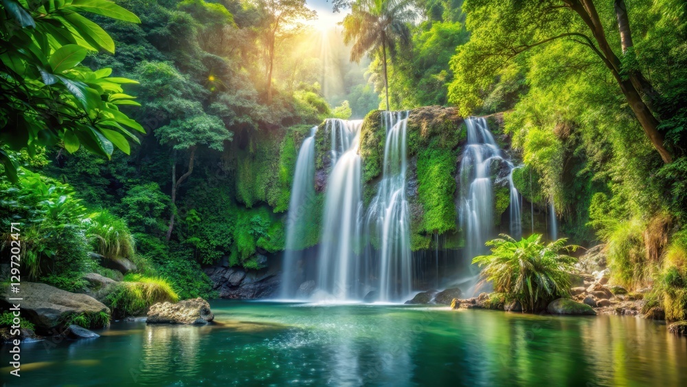 Fototapeta premium waterfall in serene jungle with water flowing gracefully, outdoor scene, water features
