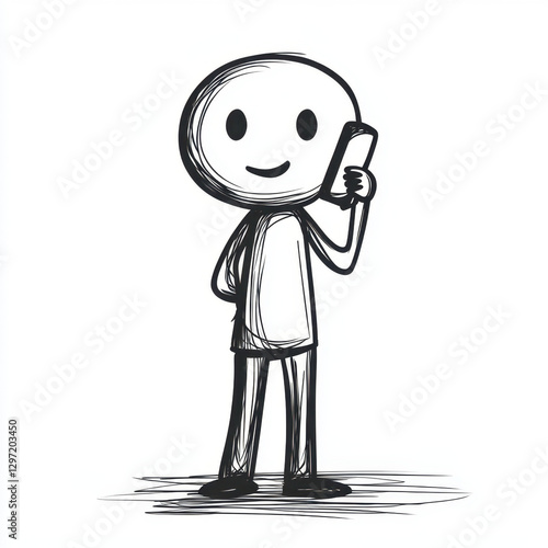 A simple black-and-white stick figure character smiling while talking on a mobile phone. The minimalistic design conveys communication, happiness, and casual conversation.