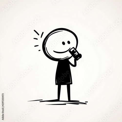 A simple black-and-white stick figure character smiling while talking on a mobile phone. The minimalistic design conveys communication, happiness, and casual conversation.