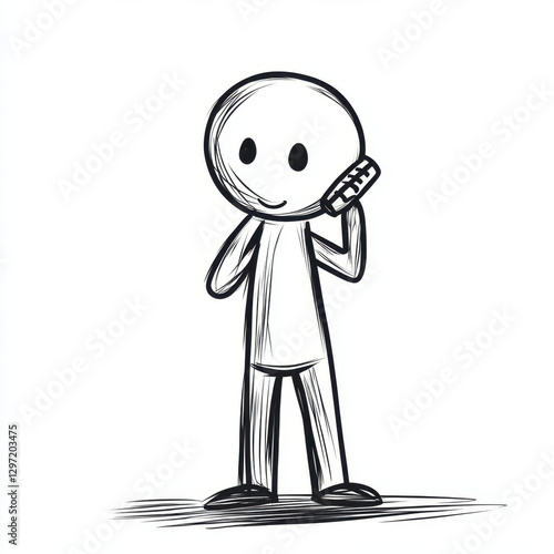 A simple black-and-white stick figure character smiling while talking on a mobile phone. The minimalistic design conveys communication, happiness, and casual conversation.