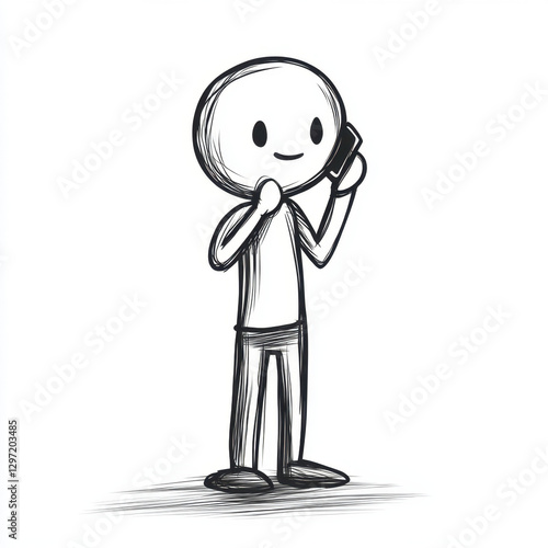 A simple black-and-white stick figure character smiling while talking on a mobile phone. The minimalistic design conveys communication, happiness, and casual conversation.