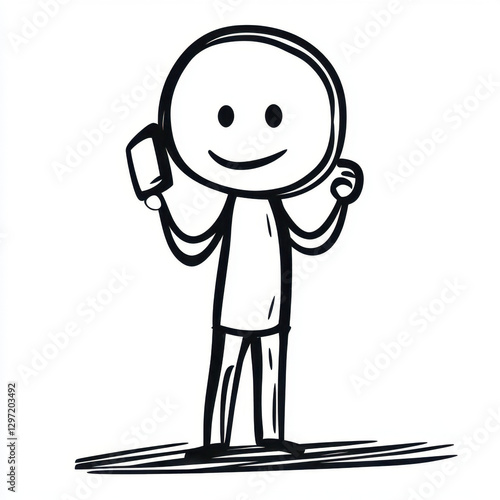 A simple black-and-white stick figure character smiling while talking on a mobile phone. The minimalistic design conveys communication, happiness, and casual conversation.