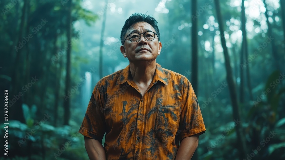 A sophisticated man gazes upward, appreciating the serene beauty of a lush forest environment, creating a powerful image of connection with nature and an appreciation for life. A sophisticated man gazes upward, appreciating the serene beauty of a lush forest environment, creating a powerful image of connection with nature and an appreciation for life.