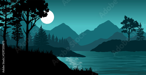 Serene night landscape with mountains and lake