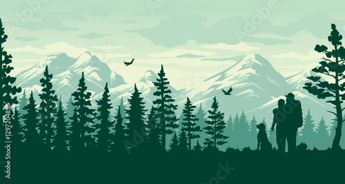 Family enjoying nature with dog in the mountains