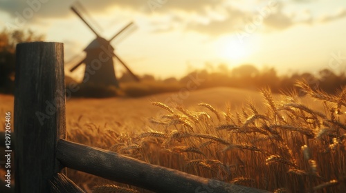Scenic Sunrise Over Wheat Fields with Windmill in Countryside