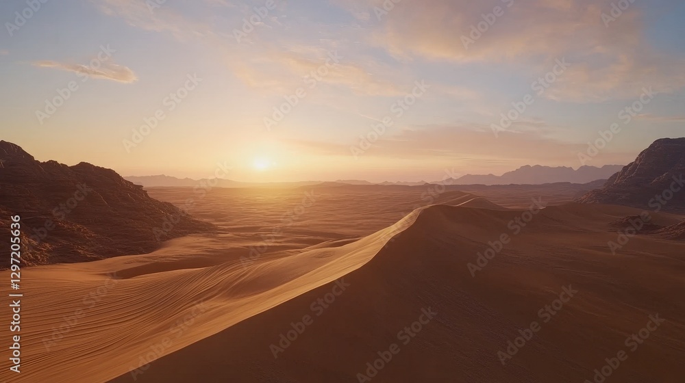 Serene Desert Landscape with Smooth Curving Sand Dunes at Sunset Serene Desert Landscape with Smooth Curving Sand Dunes at Sunset