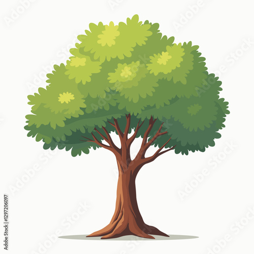 Lush green tree with dense foliage and sturdy brown trunk, illustrated in vibrant flat vector style against white background.