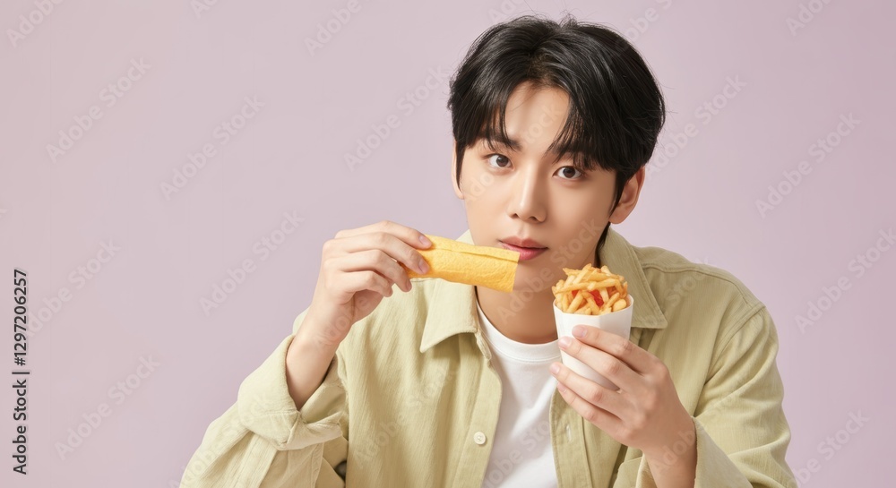 Young asian male enjoying fries and snack wrap in casual setting Young asian male enjoying fries and snack wrap in casual setting