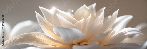 Close up of white lotus flower. Petals glowing in soft light. Floral background of bright blossom with gentle color. ultrawide banner