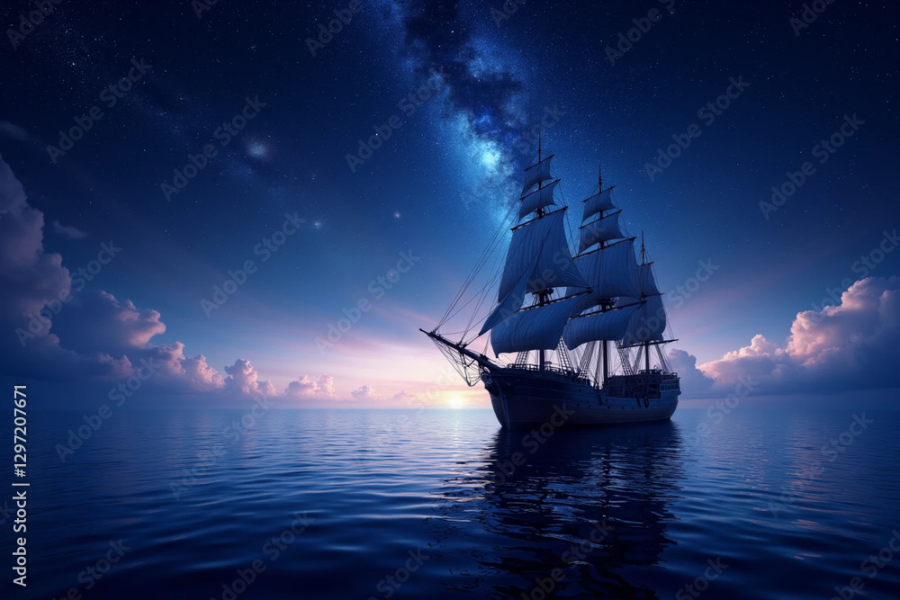 Fototapeta premium Night Time Ocean Scene with Ship Sailing, Stars in Sky 