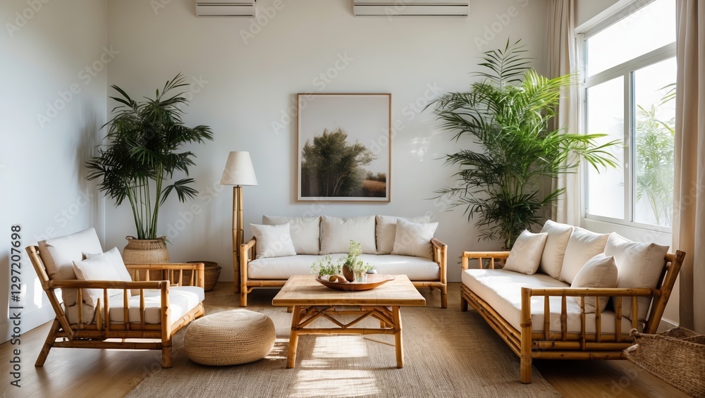 Obraz premium Cozy living room with bamboo furniture and white cushions. Potted plants and window let in bright sunlight. Neutral colors create calm interior.