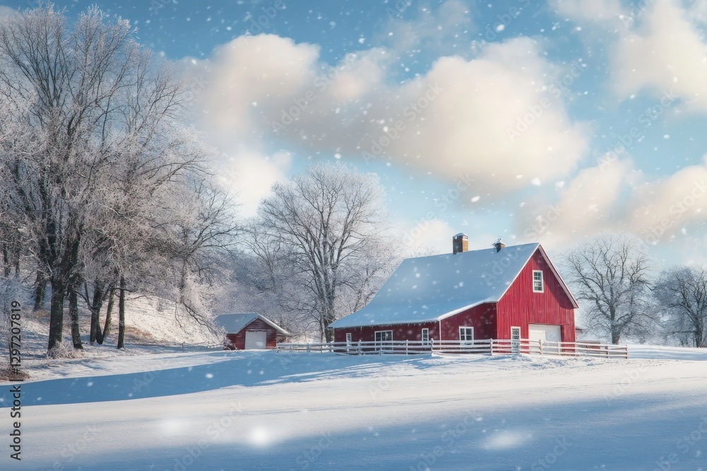 Red barn covered in snow during a light snowfall in winter Red barn covered in snow during a light snowfall in winter