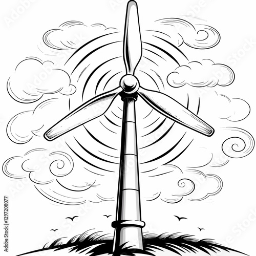 Vintage Wind Turbine Illustration with clouds. Concept: Renewable Energy, Environmental Design, Sustainable Technology,sustainability reports, environmental campaigns, energy sector presentations