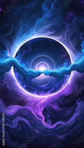 Nebula space clouds and ringed glow, blue and purple cosmic abstract swirls with stars. Cosmic background with circle and shining light inside