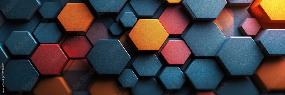 Graphic pattern showcasing interlocking hexagons in varying colors and textures Graphic pattern showcasing interlocking hexagons in varying colors and textures