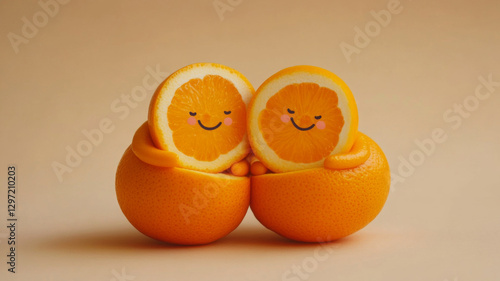 Cute Smiling Oranges Hugging Each Other On A Warm Beige Background