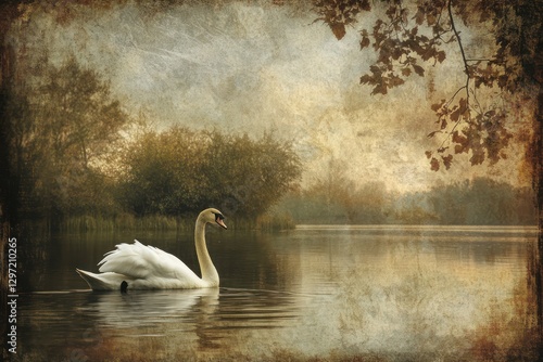 Fototapeta Naklejka Na Ścianę i Meble -  A lone swan gracefully floats peacefully on a serene lake