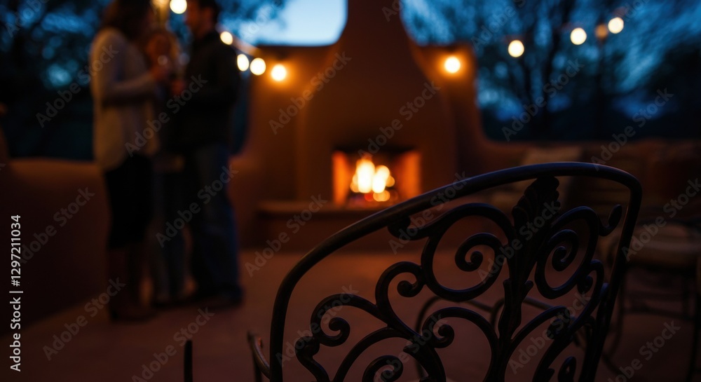 Cozy evening outdoors with fireplace and string lights Cozy evening outdoors with fireplace and string lights