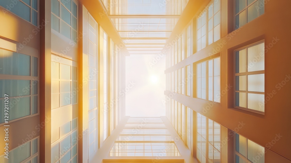 Obraz premium The sun casts light on the building through the glass windows