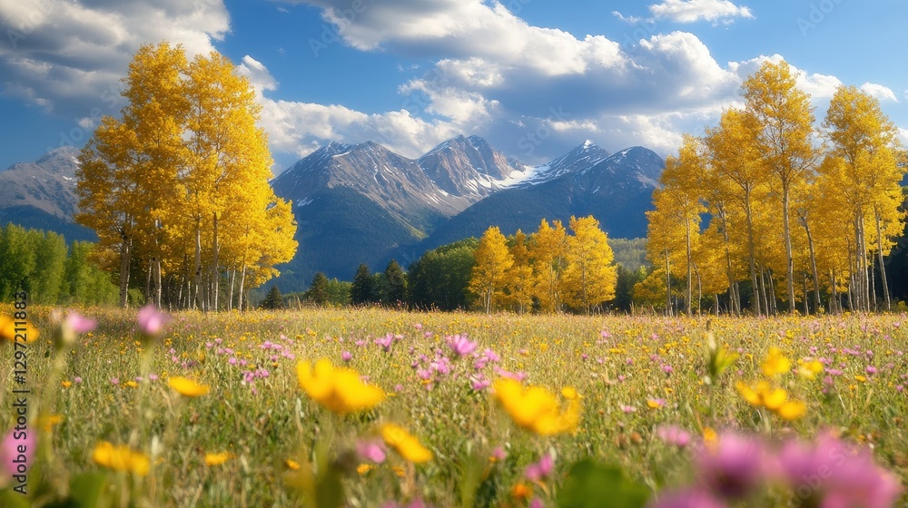 Obraz premium Serene Alpine Meadow Under Golden Aspen Trees in Early Autumn Light