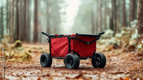 A vibrant red wagon positioned along a misty forest pathway, evoking a sense of adventure and exploration in a tranquil natural setting.