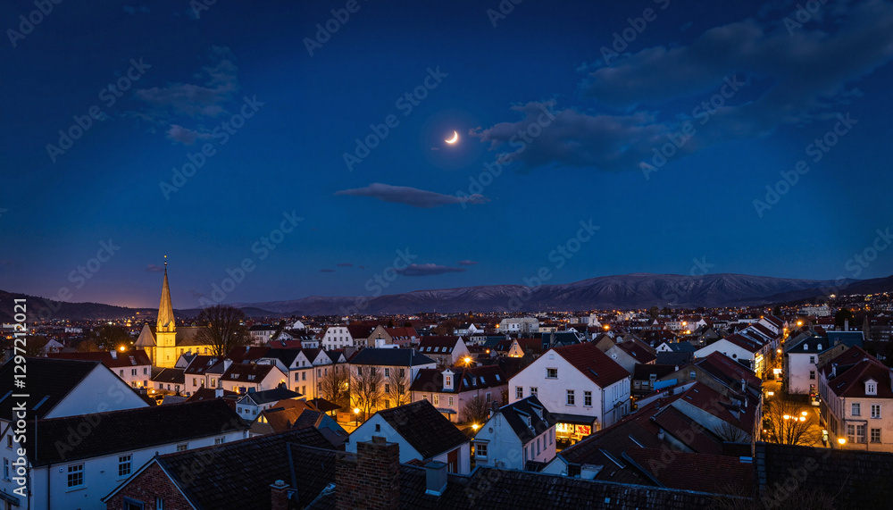 Naklejka premium Dreamy village under new crescent moon at night, tranquil serenity