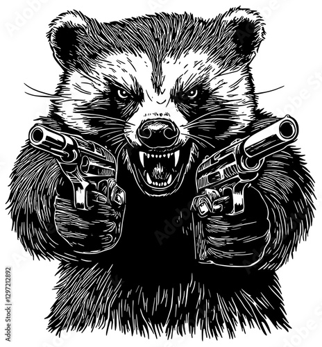 Angry cartoon badger with two guns, illustration in black, isolated 
