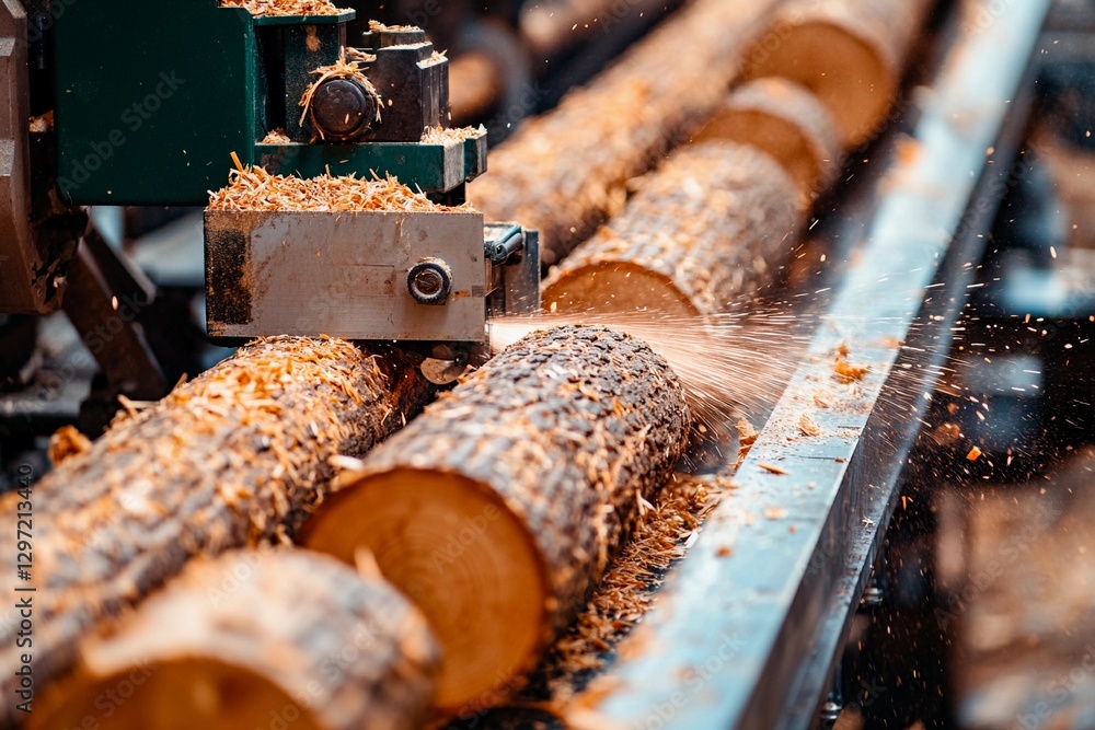 Logs are being processed in a lumber mill, with machinery cutting through the wood. Shavings scatter as the equipment operates efficiently in a well-lit environment Logs are being processed in a lumber mill, with machinery cutting through the wood. Shavings scatter as the equipment operates efficiently in a well-lit environment