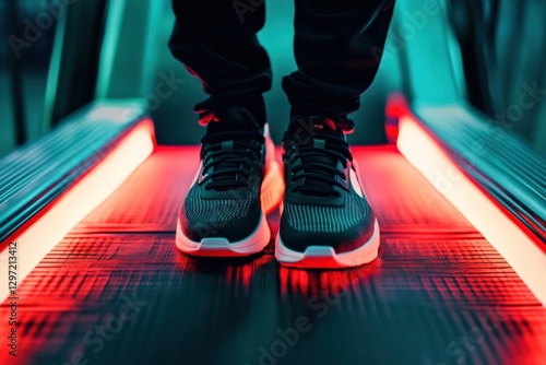 Modern running shoes standing on escalator with red and teal lights