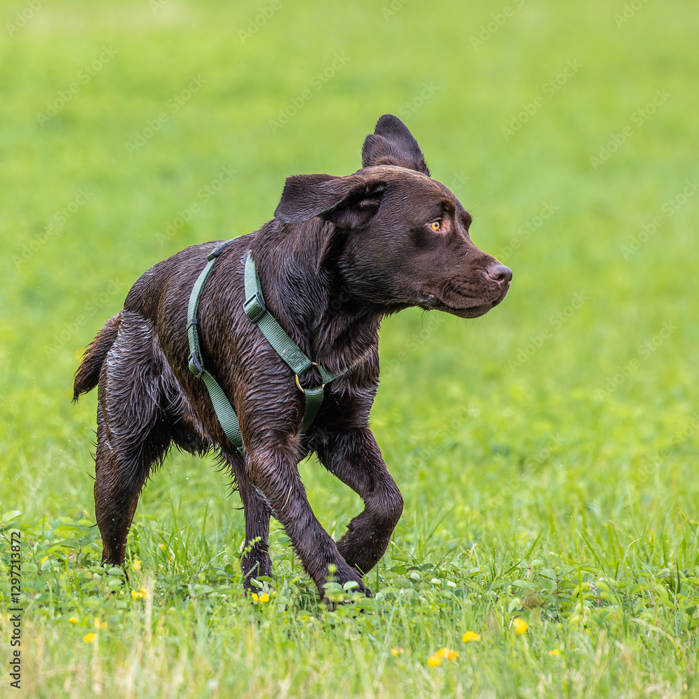 Labrador retriever, Canis lupus familiaris on a grass field. Healthy chocolate brown labrador retriever Labrador retriever, Canis lupus familiaris on a grass field. Healthy chocolate brown labrador retriever