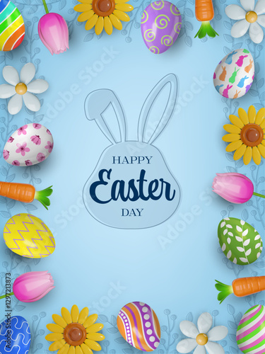 easter background with colorful eggs and 3d flowers and carrots. easter poster with eggs nad flowers frame