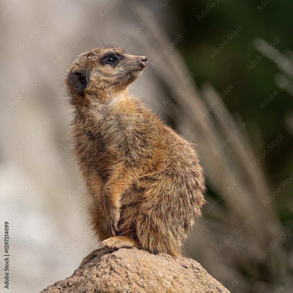Fototapeta premium Meerkat, Suricata suricatta sitting on a stone and looking into the distance