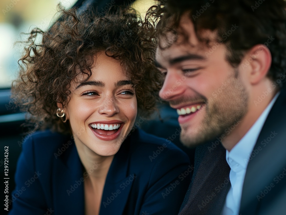 Woman and man in business attire laughing while sitting in a car Woman and man in business attire laughing while sitting in a car
