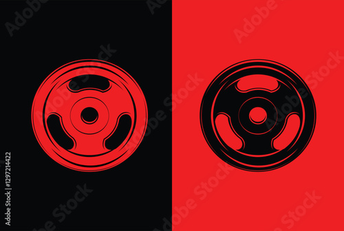 Disk weight and barbell. Monochrome style on a Red and Black background. Gym fitness plate logo vector illustration.