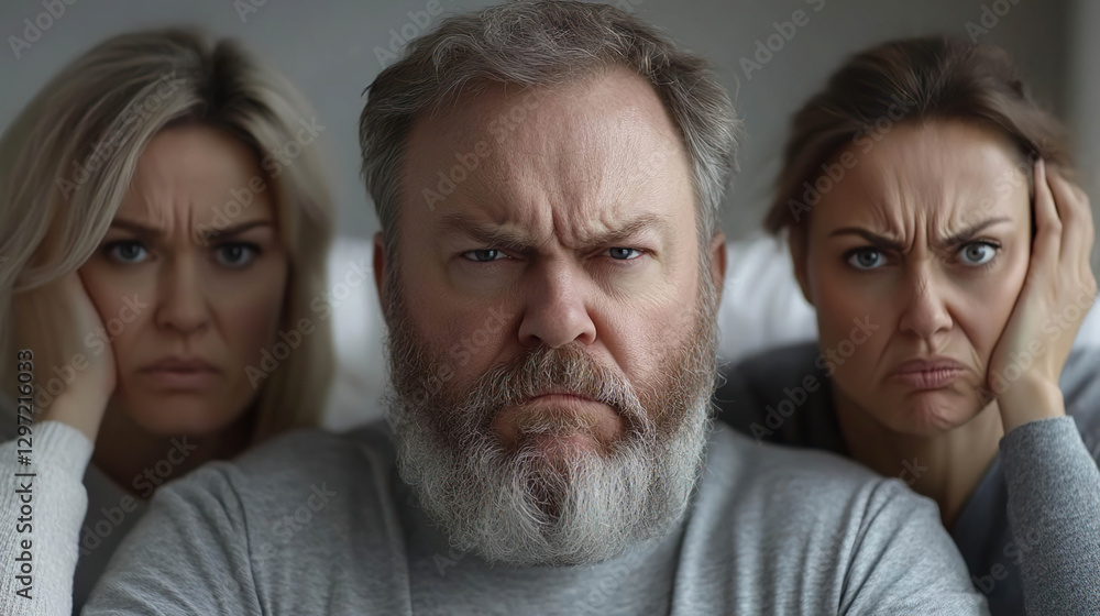 Elderly bearded man looking serious while two women beside him appear annoyed. Generated with AI. Elderly bearded man looking serious while two women beside him appear annoyed. Generated with AI.