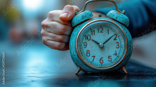 Wallpaper Mural Close-up of a hand holding a vintage blue alarm clock with a worn-out appearance. Generated with AI. Torontodigital.ca