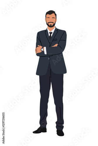 Businessman character standing with his arms crossed. Handsome bearded man wearing formal suit and tie. Vector realistic illustration isolated on white background.