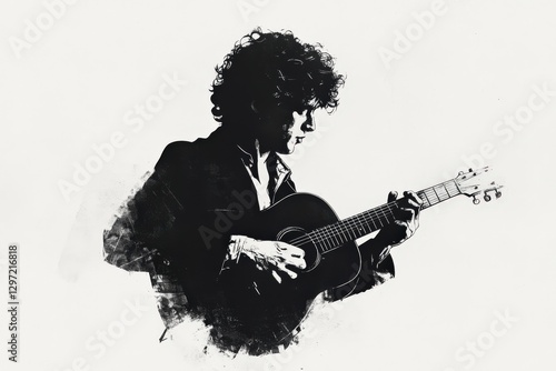 Musician playing acoustic guitar in black and white with grunge effect