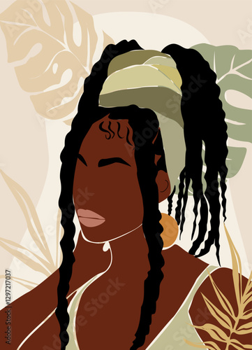 Abstract black woman contemporary poster, wall art design with beautiful African lady on neutral earthy colors background. Gorgeous girl with exotic hairstyle vector bohemian art illustration.