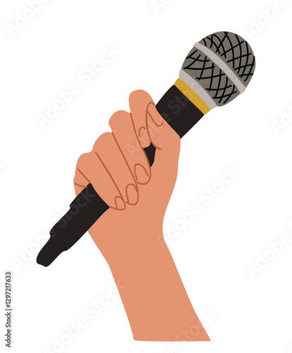 Hand holding a microphone cartoon style flat vector illustration isolated on white background. design element, icon, logo, symbol for podcast, karaoke, music concert, festival.