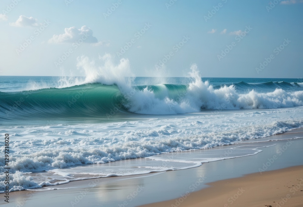Fototapeta premium Waves crashing on sandy beach under a clear blue sky
