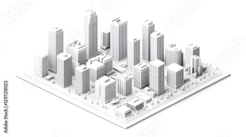 Isometric city view, white, urban landscape, architectural design, presentation, illustration photo