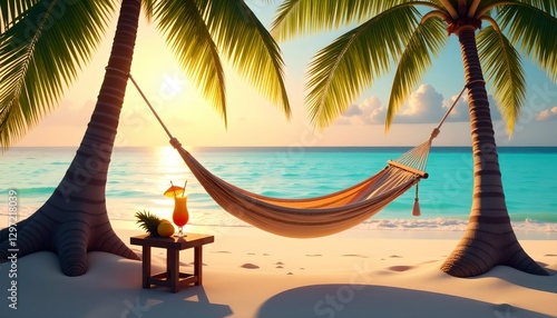 Hammock between palm trees by the sea surf and a table with a drink