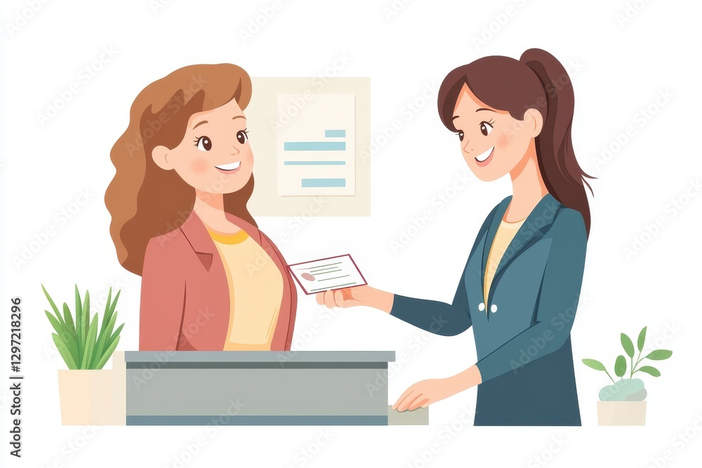 Warm Receptionist Assisting a Businesswoman with a Smile at the Service Center Warm Receptionist Assisting a Businesswoman with a Smile at the Service Center