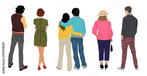 Set of different people standing full length rear view. Men, women, couple in casual clothes from behind, turned back. Characters backside. Vector realistic illustrations isolated on white background.