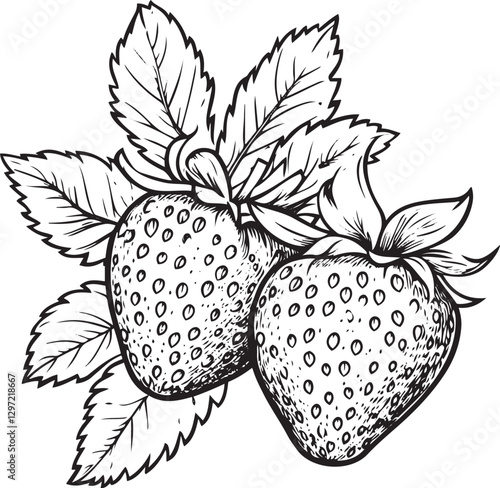 Elegant Black and White Line Art Silhouette coloring book page design of Strawberries with Leaves