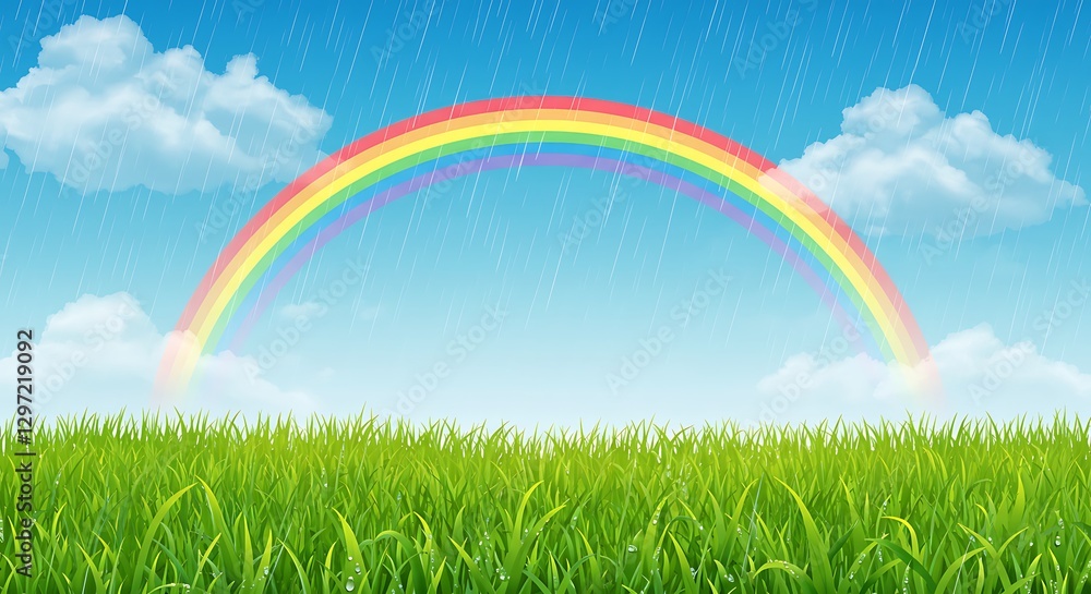 Naklejka premium Vibrant Rainbow Over Green Grass Field After Rain Shower