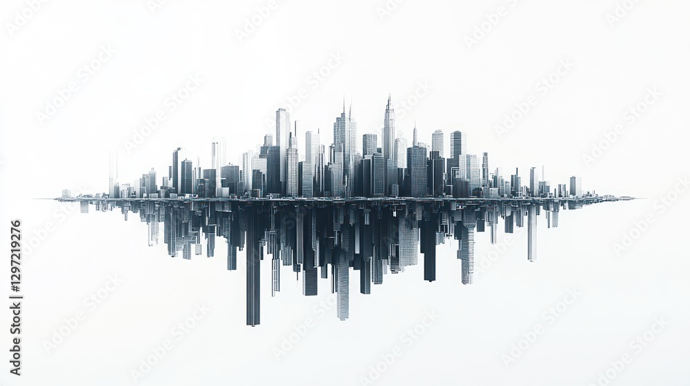Naklejka premium Abstract city skyline reflection, digital illustration, urban architecture, conceptual