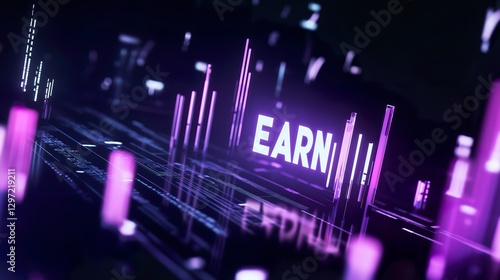 Cryptocurrency market interface with glowing earn text and fluctuating stock charts